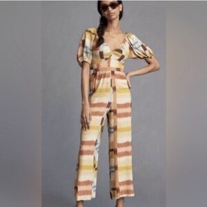 NWT Anthropologie linen blend jumpsuit open back wide leg size Large